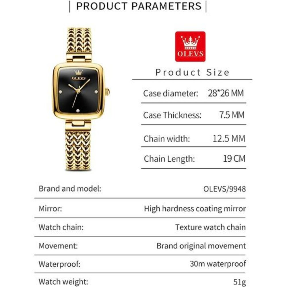 Women's Square Watch Gold Diamond Watch Analog Quartz Stainless Steel Waterproof - Picture 6 of 6
